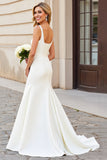 Ivory Square Neck Mermaid Sleeveless Satin Wedding Dress