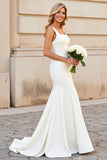 Ivory Square Neck Mermaid Sleeveless Satin Wedding Dress