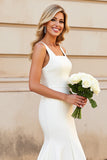 Ivory Square Neck Mermaid Sleeveless Satin Wedding Dress