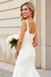 Ivory Square Neck Mermaid Sleeveless Satin Wedding Dress