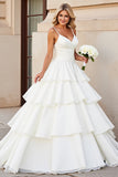 Ivory A Line Tiered Spaghetti Straps Wedding Dress