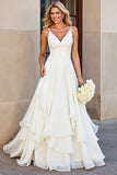 Ivory V Neck A Line Tiered Long Wedding Dress with Ruffles