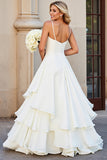 Ivory V Neck A Line Tiered Long Wedding Dress with Ruffles