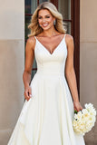 Ivory V Neck A Line Tiered Long Wedding Dress with Ruffles