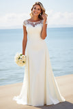 Ivory Stretch Satin Lace A Line Boat Neck Long Wedding Dress