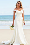 Lace Ivory Stretch Satin Mermaid Off the Shoulder Long Wedding Dress