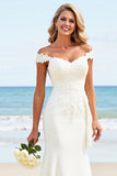 Lace Ivory Stretch Satin Mermaid Off the Shoulder Long Wedding Dress