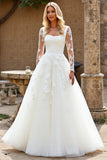 Lace Ivory A Line Tulle Long Sleeves Long Wedding Dress