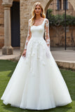 Lace Ivory A Line Tulle Long Sleeves Long Wedding Dress