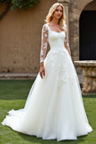 Lace Ivory A Line Tulle Long Sleeves Long Wedding Dress