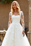 Lace Ivory A Line Tulle Long Sleeves Long Wedding Dress