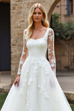 Lace Ivory A Line Tulle Long Sleeves Long Wedding Dress