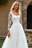 Lace Ivory A Line Tulle Long Sleeves Long Wedding Dress