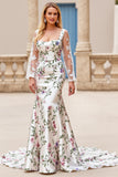 Ivory Flower Printed Mermaid Long Wedding Dress with Long Sleeves