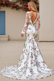 Ivory Flower Printed Mermaid Long Wedding Dress with Long Sleeves