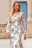 Ivory Flower Printed Mermaid Long Wedding Dress with Long Sleeves