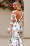 Ivory Flower Printed Mermaid Long Wedding Dress with Long Sleeves