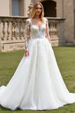 Lace Tulle Ivory A Line Appliques Spaghetti Straps Long Wedding Dress