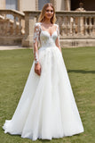 Lace Tulle Ivory A Line Appliques Spaghetti Straps Long Wedding Dress