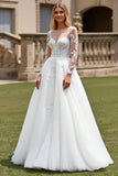 Lace Tulle Ivory A Line Appliques Spaghetti Straps Long Wedding Dress