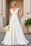 Ivory V Neck Lace Satin A Line Wedding Dress