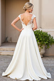 Ivory V Neck Lace Satin A Line Wedding Dress
