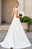 Ivory V Neck Lace Satin A Line Wedding Dress