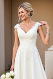 Ivory V Neck Lace Satin A Line Wedding Dress