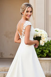 Ivory V Neck Lace Satin A Line Wedding Dress