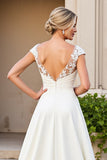 Ivory V Neck Lace Satin A Line Wedding Dress