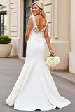 Ivory V-Neck Lace Satin Mermaid Long Wedding Dress