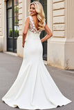 Ivory V-Neck Lace Satin Mermaid Long Wedding Dress