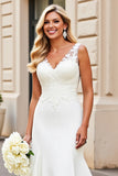 Ivory V-Neck Lace Satin Mermaid Long Wedding Dress