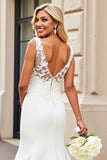 Ivory V-Neck Lace Satin Mermaid Long Wedding Dress