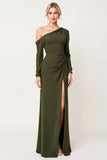 Elegant One Shoulder Sheath Olive Ruched Bridesmaid Dress with Slit