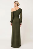 Elegant One Shoulder Sheath Olive Ruched Bridesmaid Dress with Slit