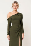 Elegant One Shoulder Sheath Olive Ruched Bridesmaid Dress with Slit