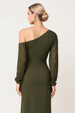 Elegant One Shoulder Sheath Olive Ruched Bridesmaid Dress with Slit