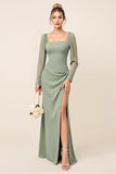Eucalyptus Sheath Long Sleeves Square Neck Long Bridesmaid Dress