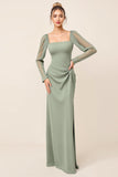 Eucalyptus Sheath Long Sleeves Square Neck Long Bridesmaid Dress