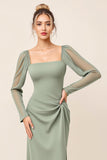 Eucalyptus Sheath Long Sleeves Square Neck Long Bridesmaid Dress