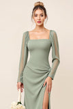 Eucalyptus Sheath Long Sleeves Square Neck Long Bridesmaid Dress