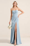 Dusty Blue Sheath Strapless Ruched Long Bridesmaid Dress