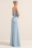 Dusty Blue Sheath Strapless Ruched Long Bridesmaid Dress