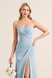 Dusty Blue Sheath Strapless Ruched Long Bridesmaid Dress