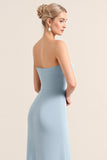 Dusty Blue Sheath Strapless Ruched Long Bridesmaid Dress