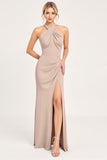 Candy Pink Halter Spandex Sheath Bridesmaid Dress with Slit