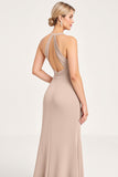 Candy Pink Halter Spandex Sheath Bridesmaid Dress with Slit