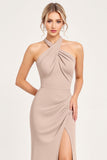 Candy Pink Halter Spandex Sheath Bridesmaid Dress with Slit