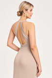 Candy Pink Halter Spandex Sheath Bridesmaid Dress with Slit